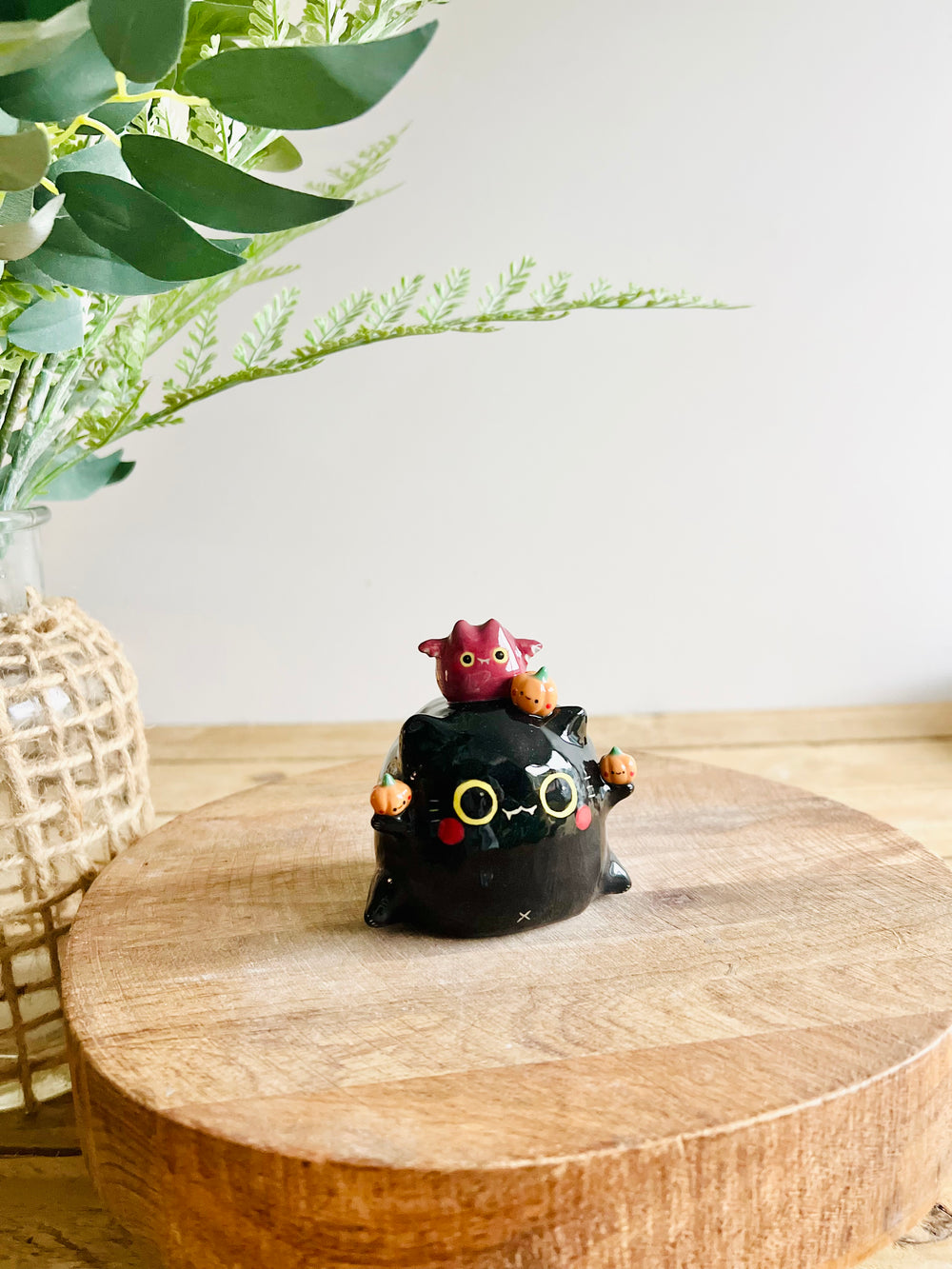 Black cat with bat and pumpkin friends bud vase, photo 2 of 10