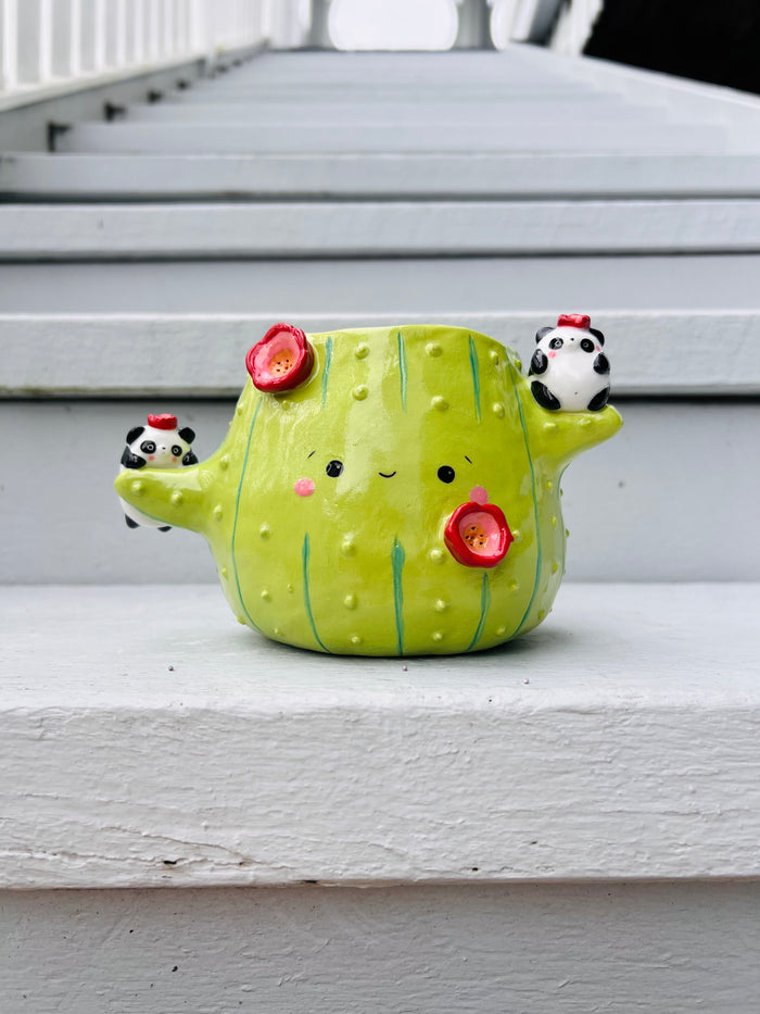 Flowery cactus pot with panda friends