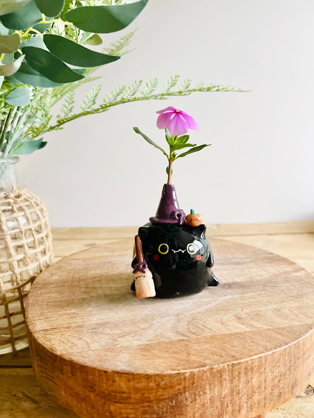 Black cat witch with broomstick and pumpkin friend bud vase, photo 7 of 9