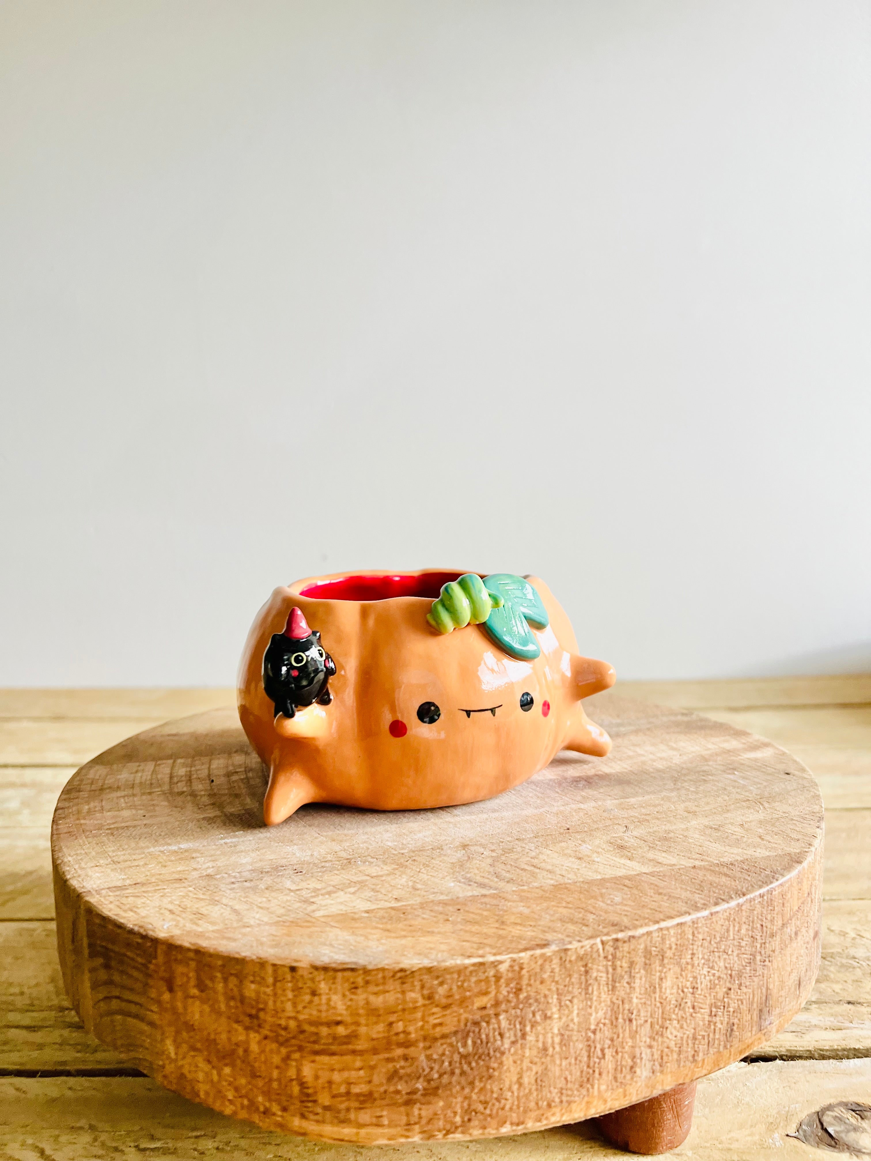 Pumpkin pot with black cat friend