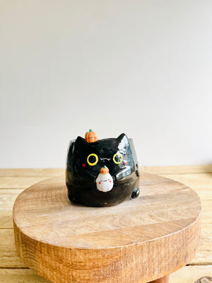 Black cat pot with ghost and pumpkin friends