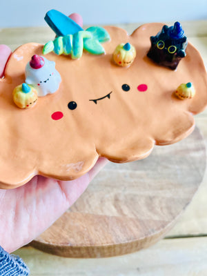 SECONDS: pumpkin trinket dish with black cat, ghost and pumpkin friends