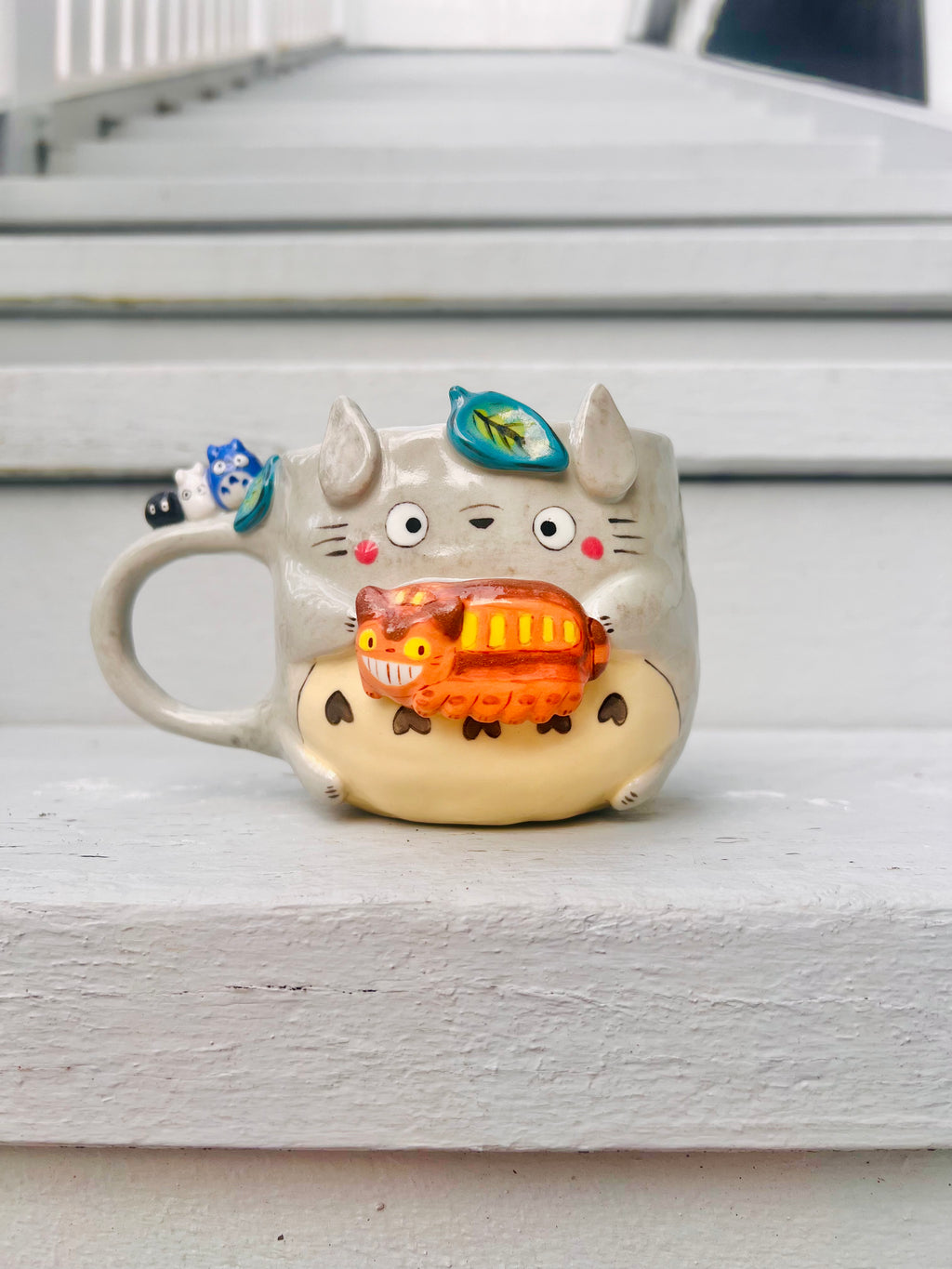 Leafy Totoro mug with cat bus