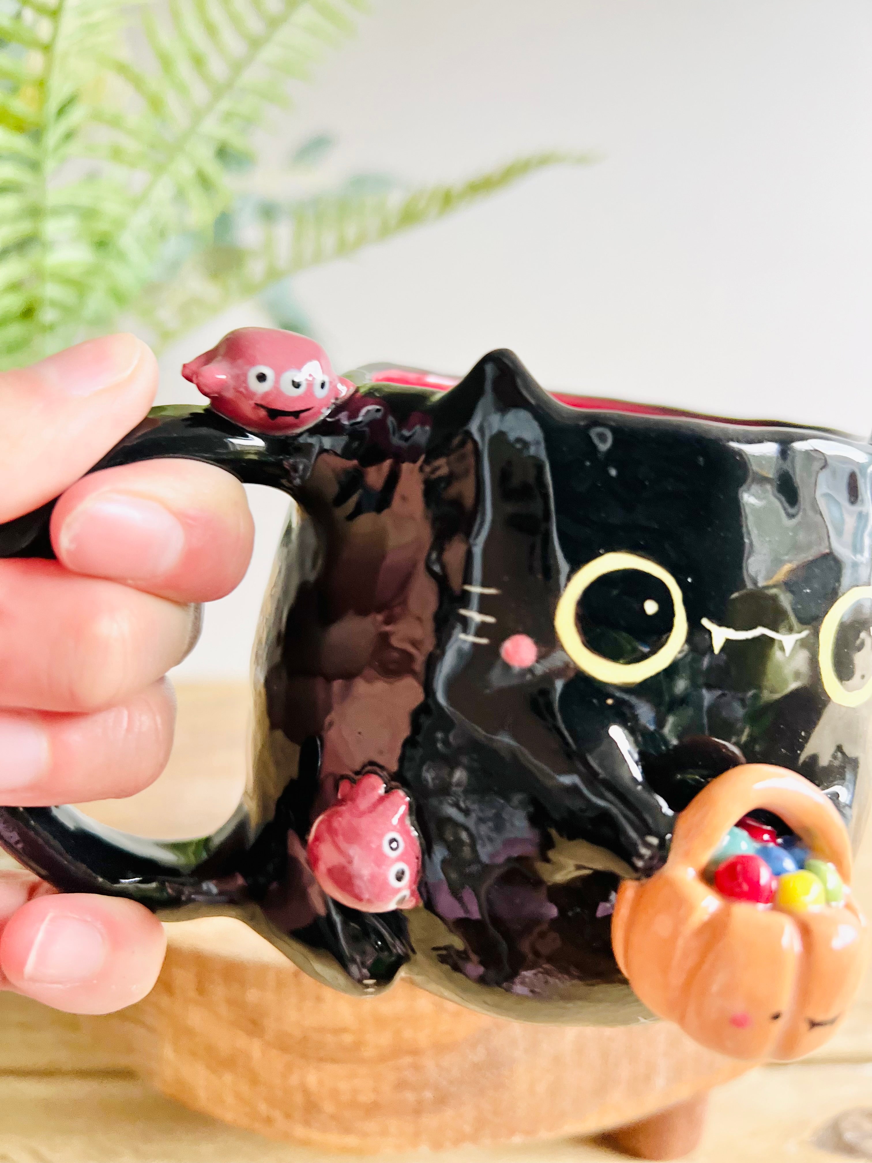 Trick or treat black kitty mug with spider friends