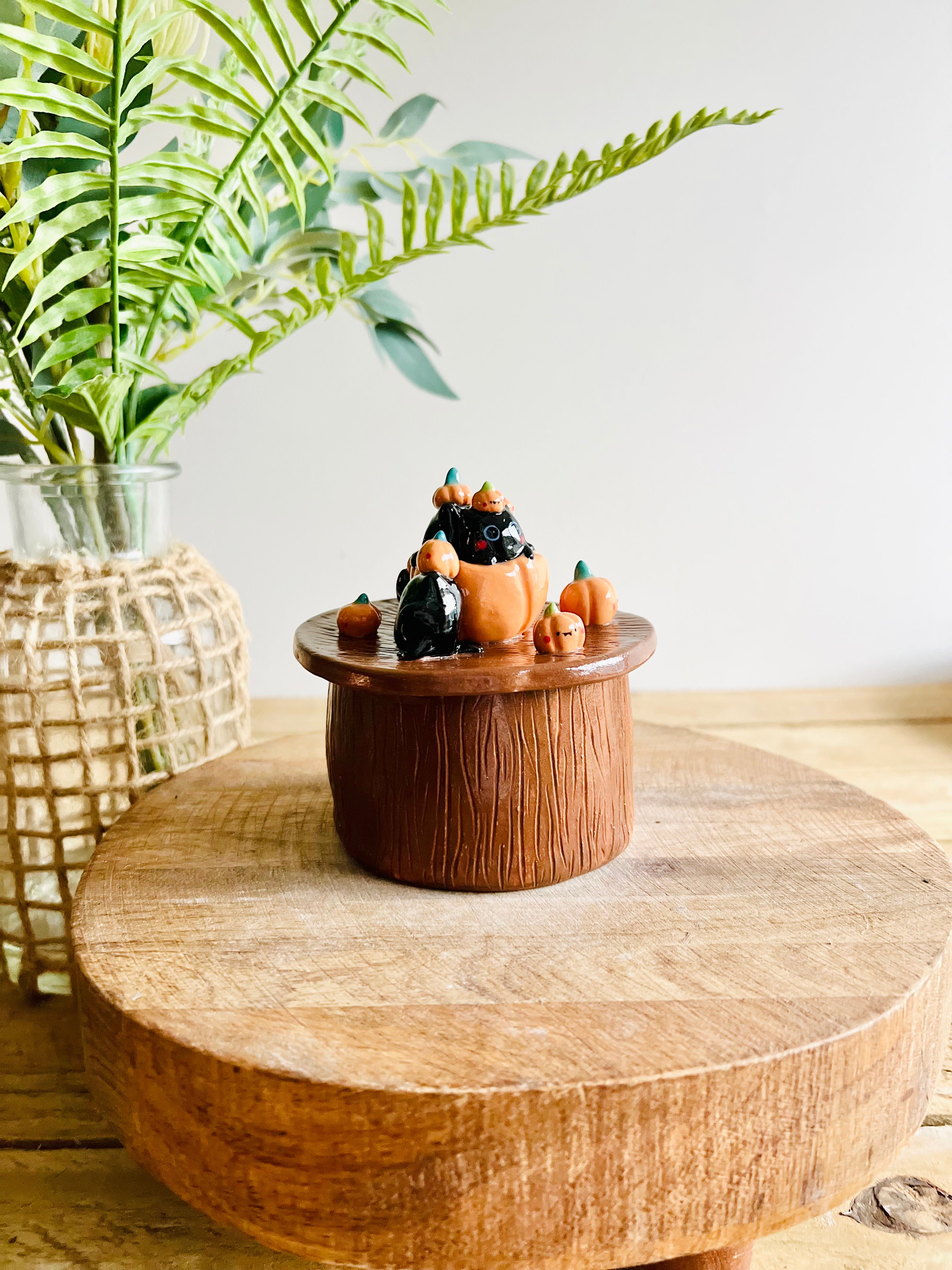 Pumpkin and black cats galore lidded trinket pot