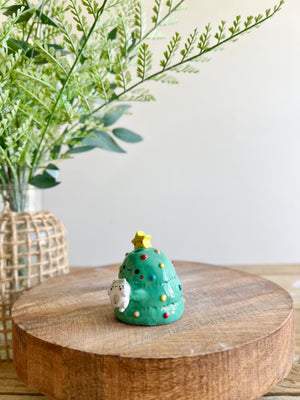 Christmas tree with grey cat friend bud vase