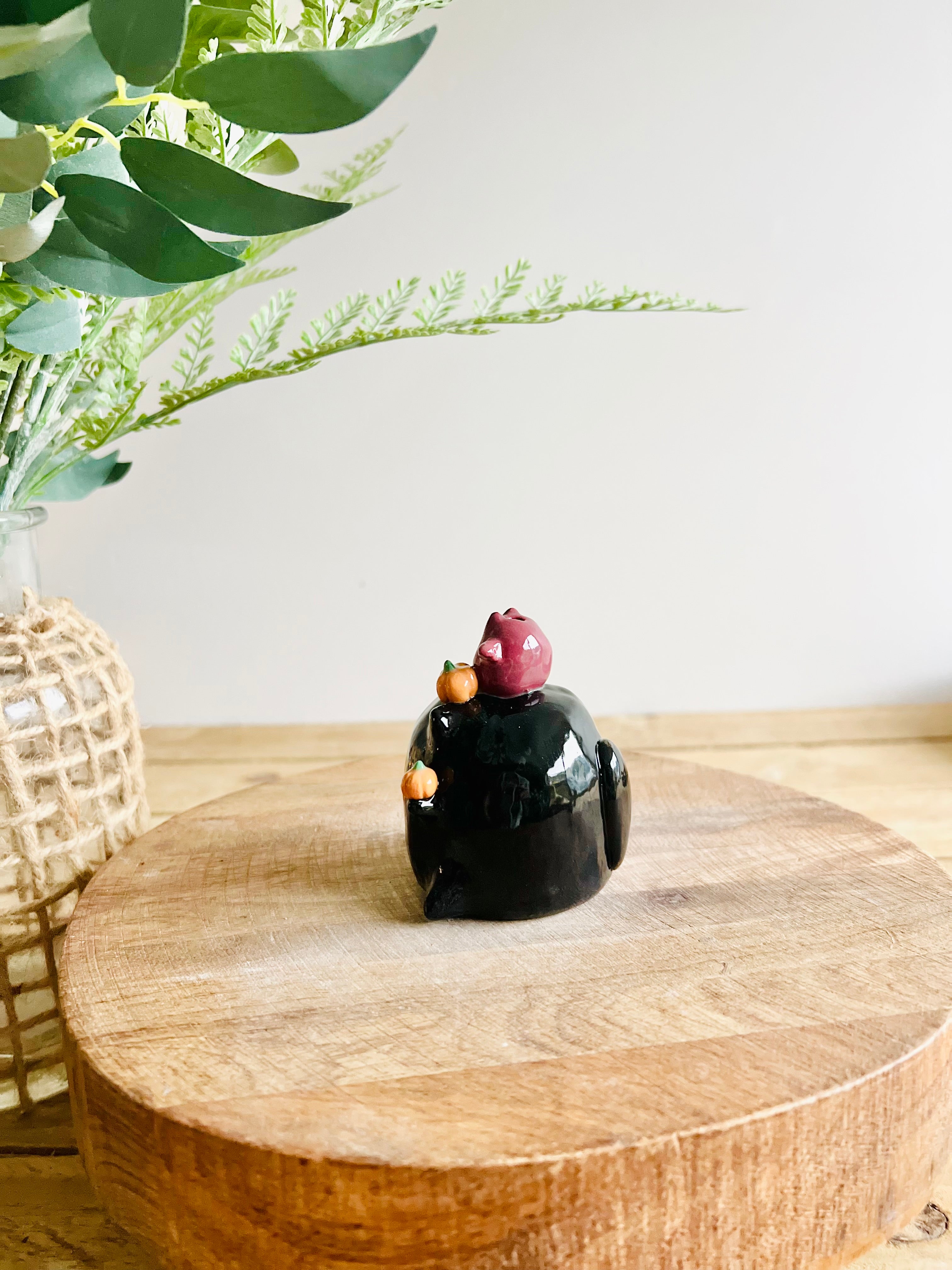 Black cat with bat and pumpkin friends bud vase