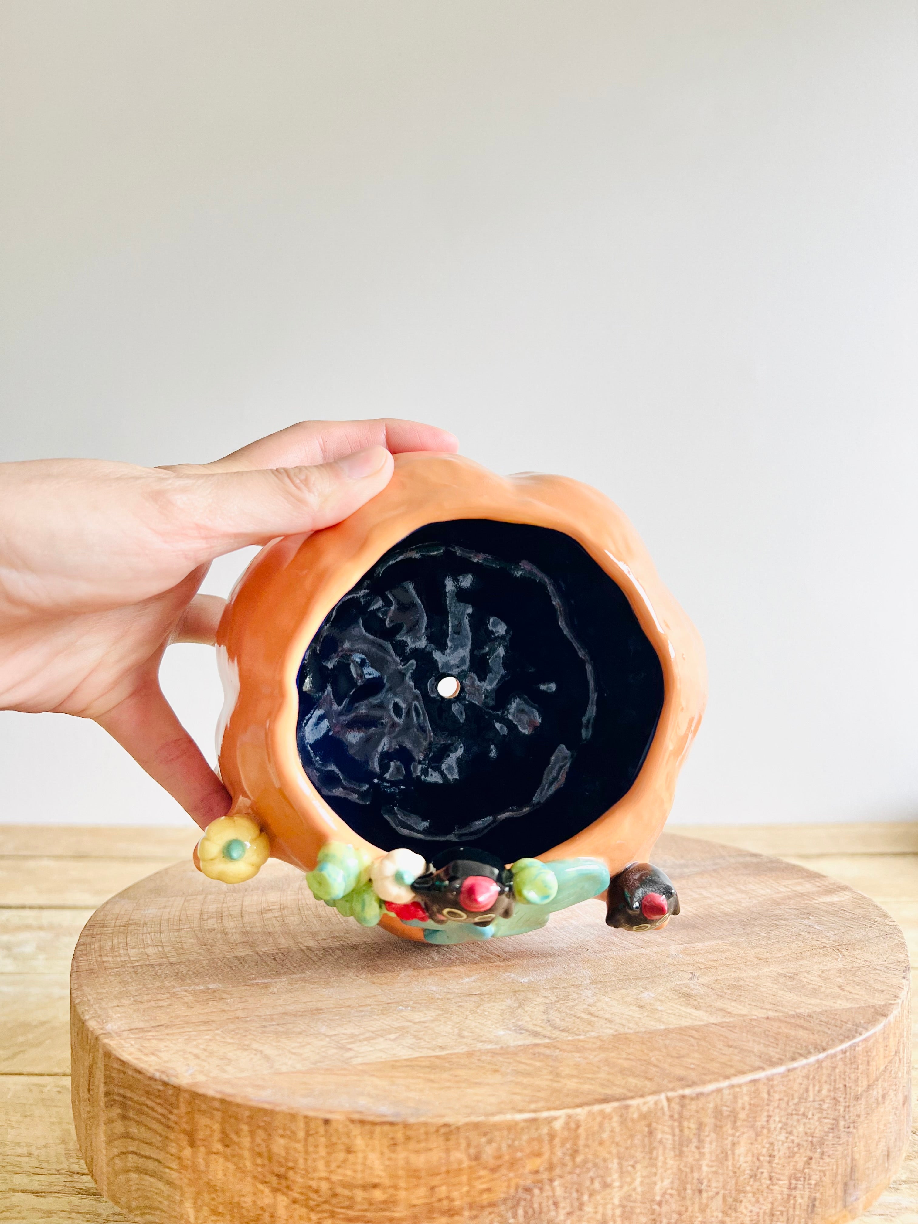 Pumpkin pot with black cat and baby pumpkin friends