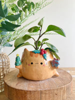 Gift bearing festive Ginger cat pot with Christmas tree friend