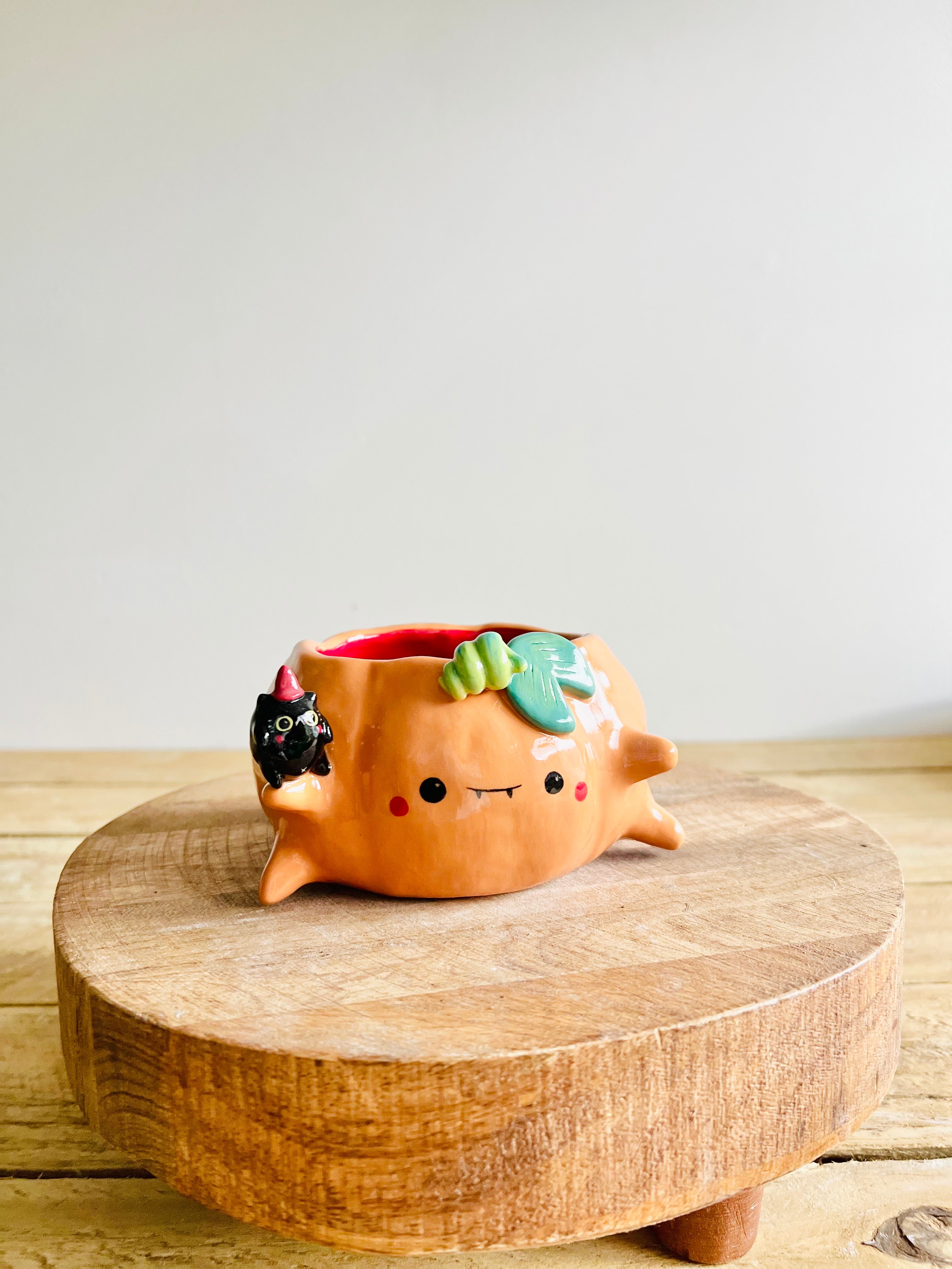 Pumpkin pot with black cat friend