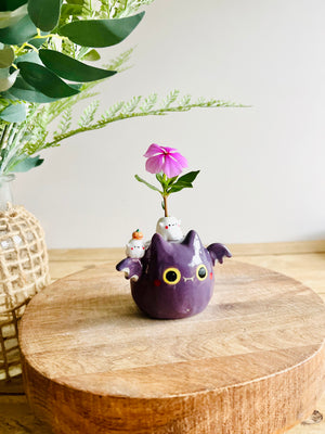 Bat with ghost and pumpkin friends bud vase