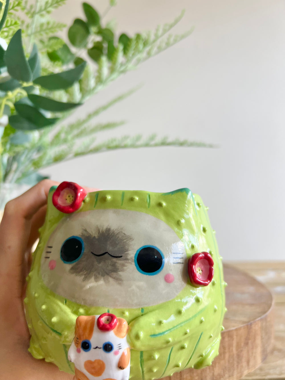 Flowery grey CAT-us pot with ginger cat friend, photo 11 of 15