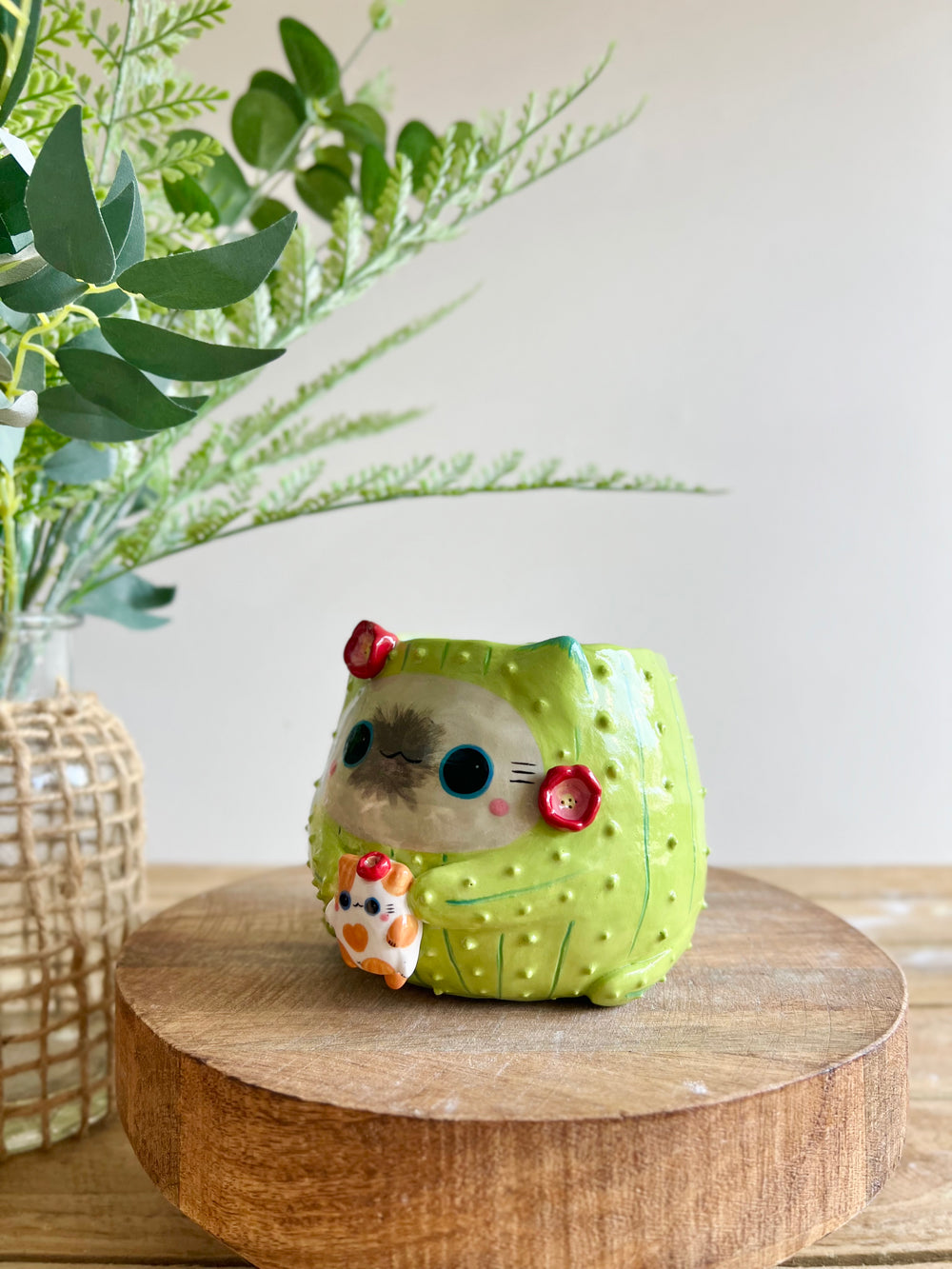 Flowery grey CAT-us pot with ginger cat friend, photo 7 of 15