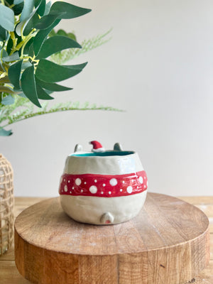 Festive grey bunny pot with gingerbread friend