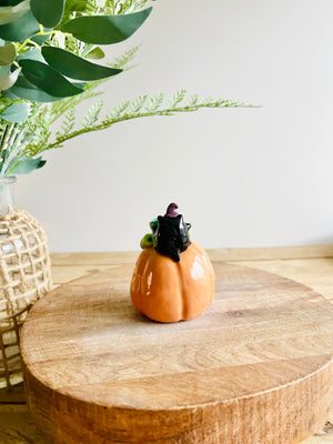 Pumpkin with black cat friend bud vase