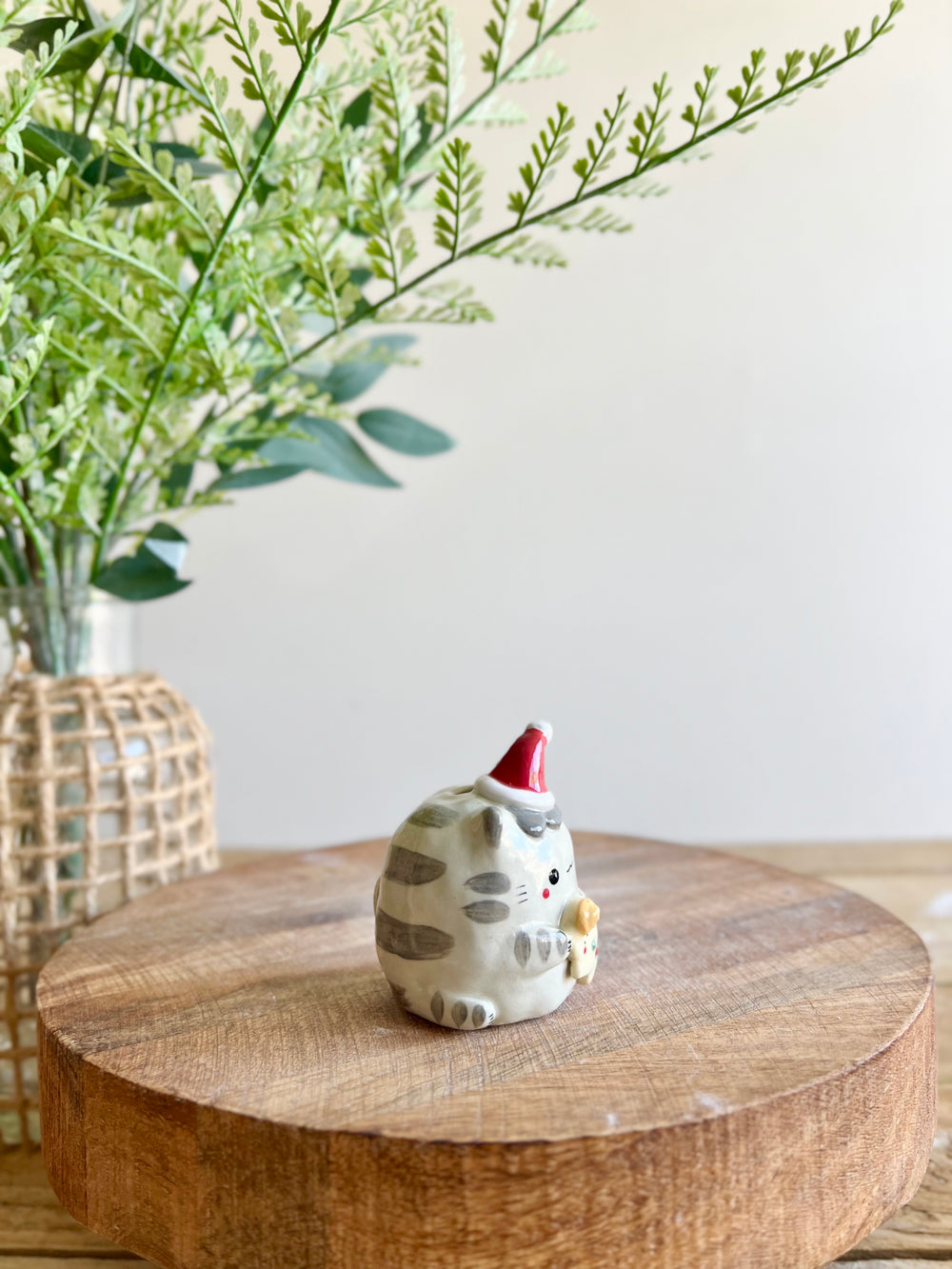 Festive grey cat with gingerbread friend bud vase, photo 3 of 10