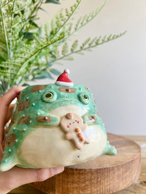 Festive grumpy Froggo planter with gingerbread friend