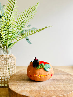 Pumpkin with black cat friend candle holder/trinket dish