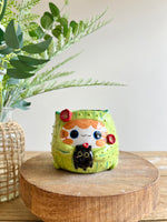 Flowery ginger CAT-us pot with black cat friend