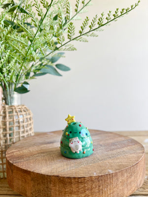 Christmas tree with grey cat friend bud vase