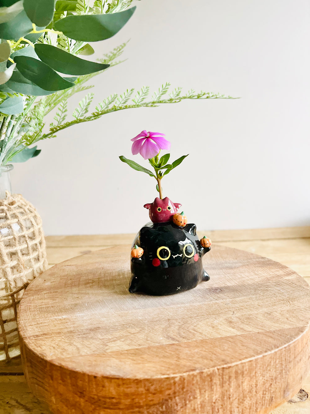 Black cat with bat and pumpkin friends bud vase, photo 10 of 10