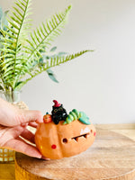 Pumpkin with black cat friend candle holder/trinket dish