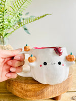 Ghost mug with spider and pumpkin friends