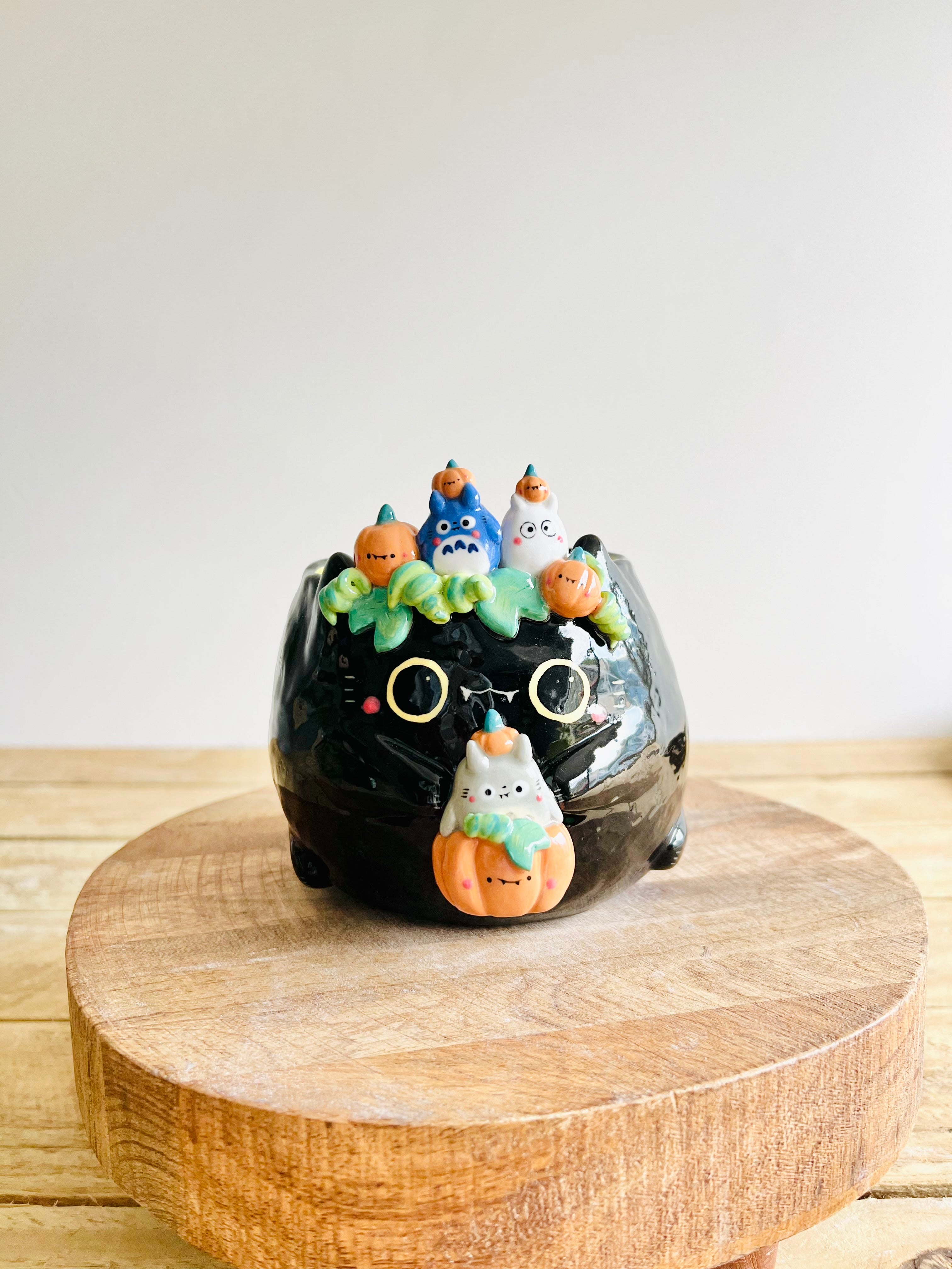 Black cat pot with Totoro and pumpkin friends