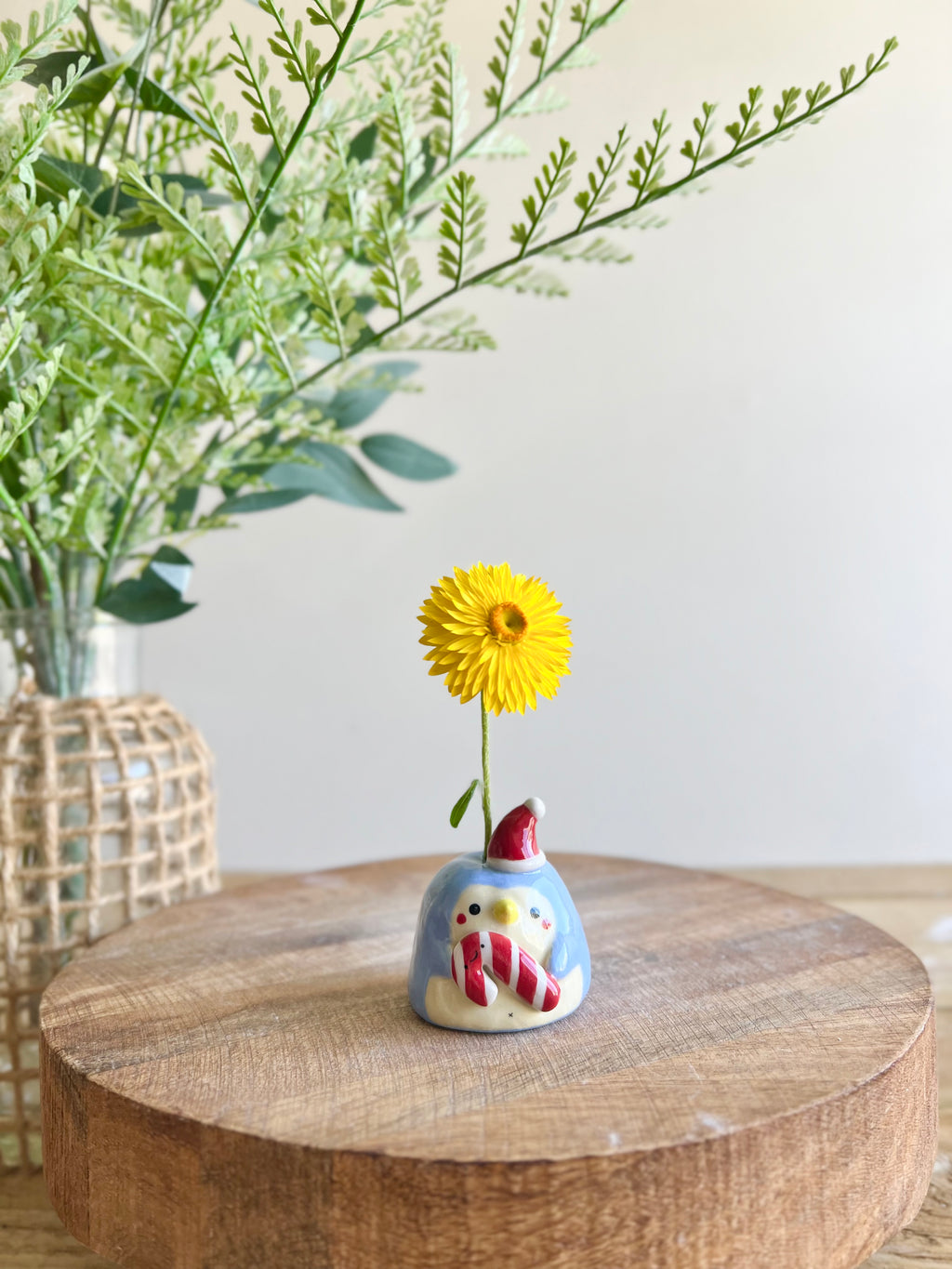 Mini festive penguin with candy cane friend bud vase