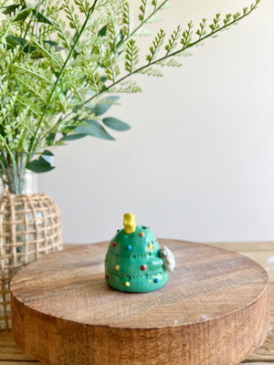 Christmas tree with grey cat friend bud vase