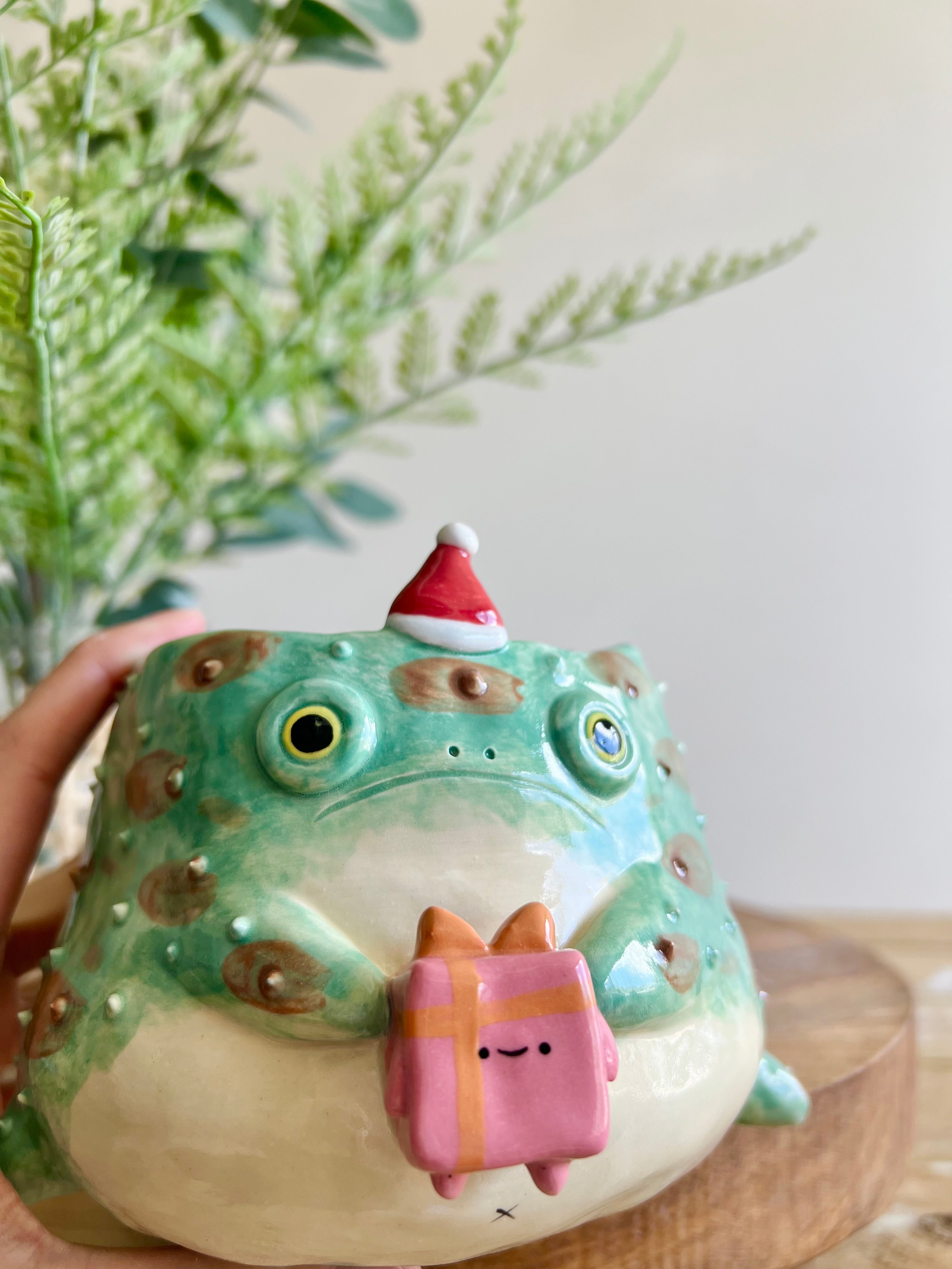 Festive grumpy Froggo planter bearing gift