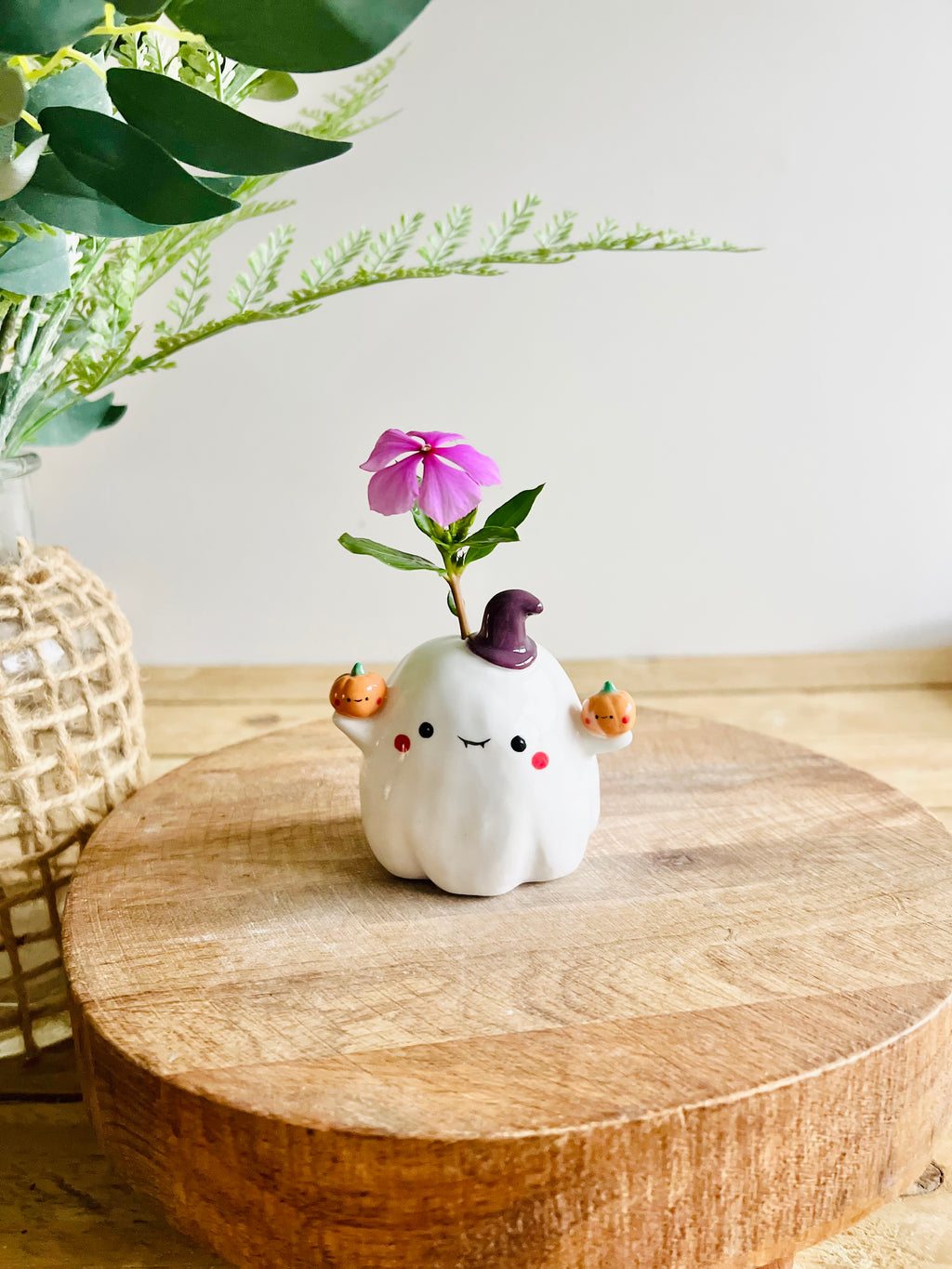 Ghost witch with pumpkin friends bud vase