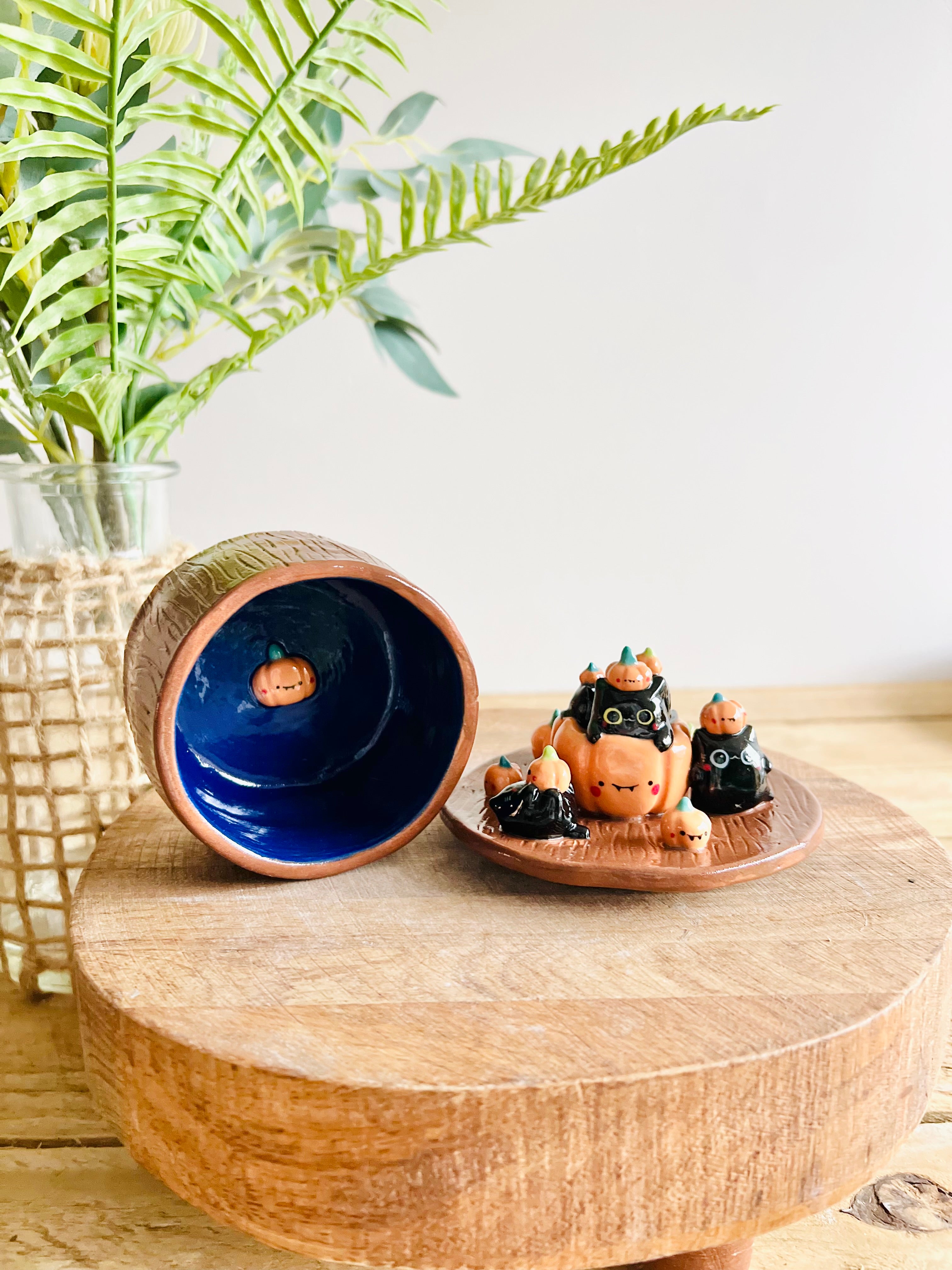 Pumpkin and black cats galore lidded trinket pot