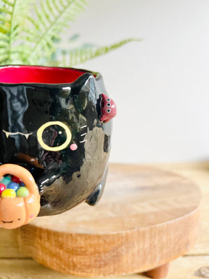 Trick or treat black kitty mug with spider friends