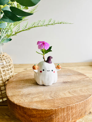 Ghost witch with pumpkin friends bud vase