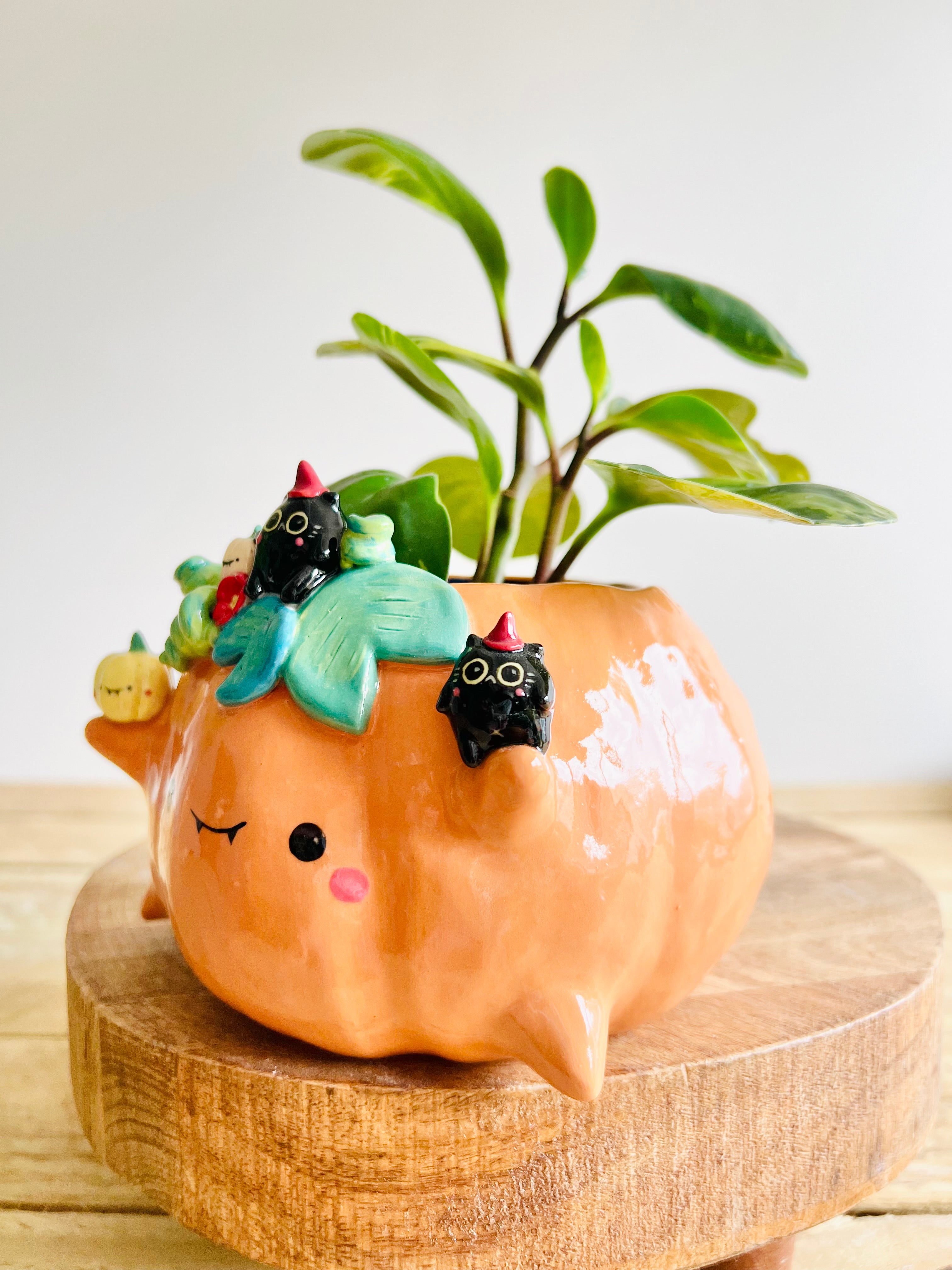 Pumpkin pot with black cat and baby pumpkin friends