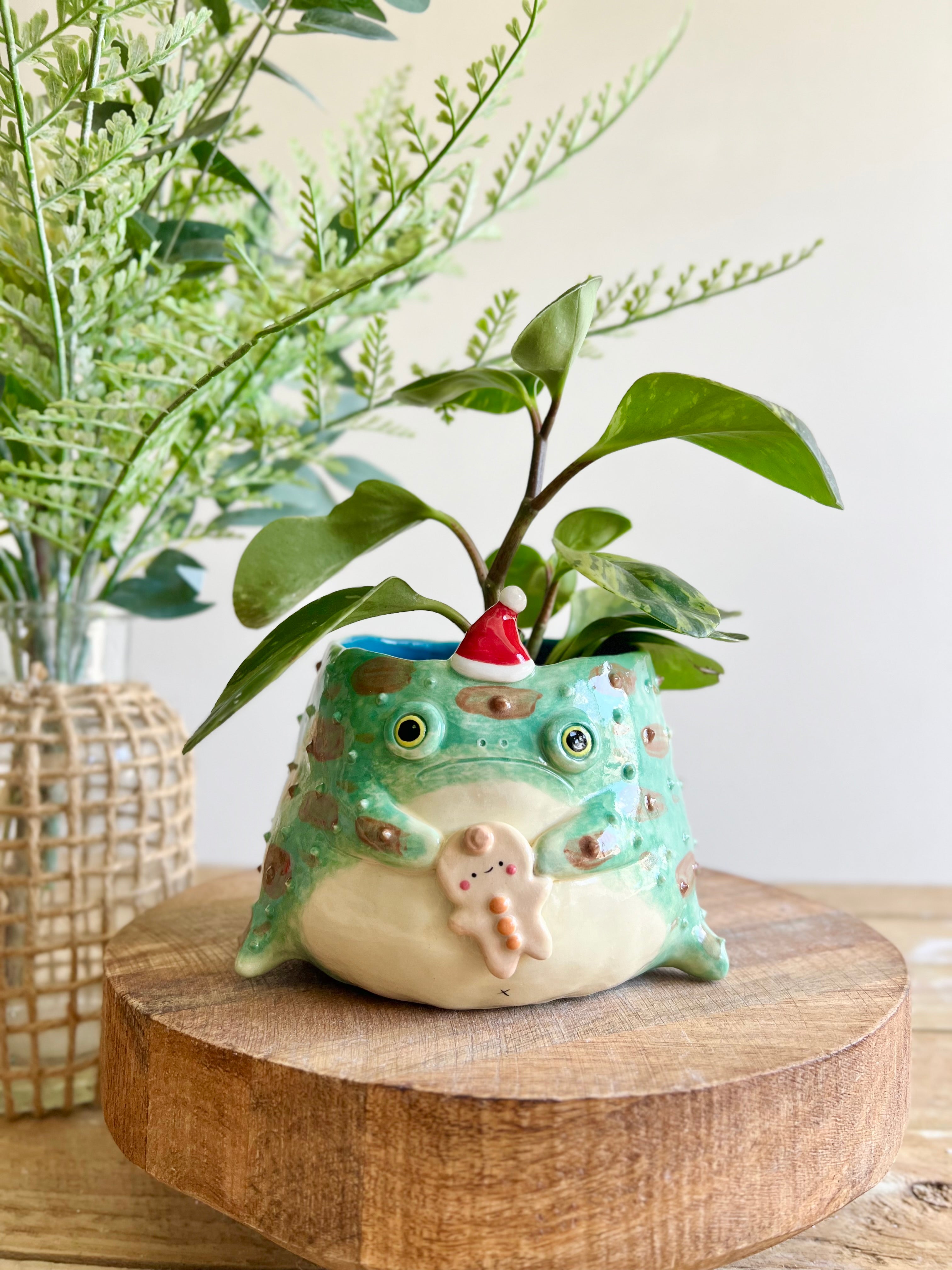 Festive grumpy Froggo planter with gingerbread friend