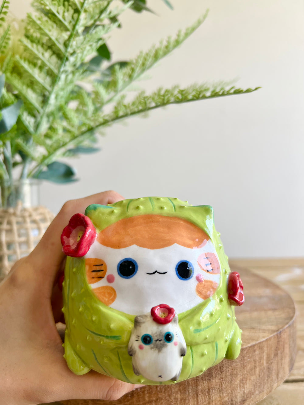Flowery Ginger CAT-us vase with grey cat friend, photo 13 of 17