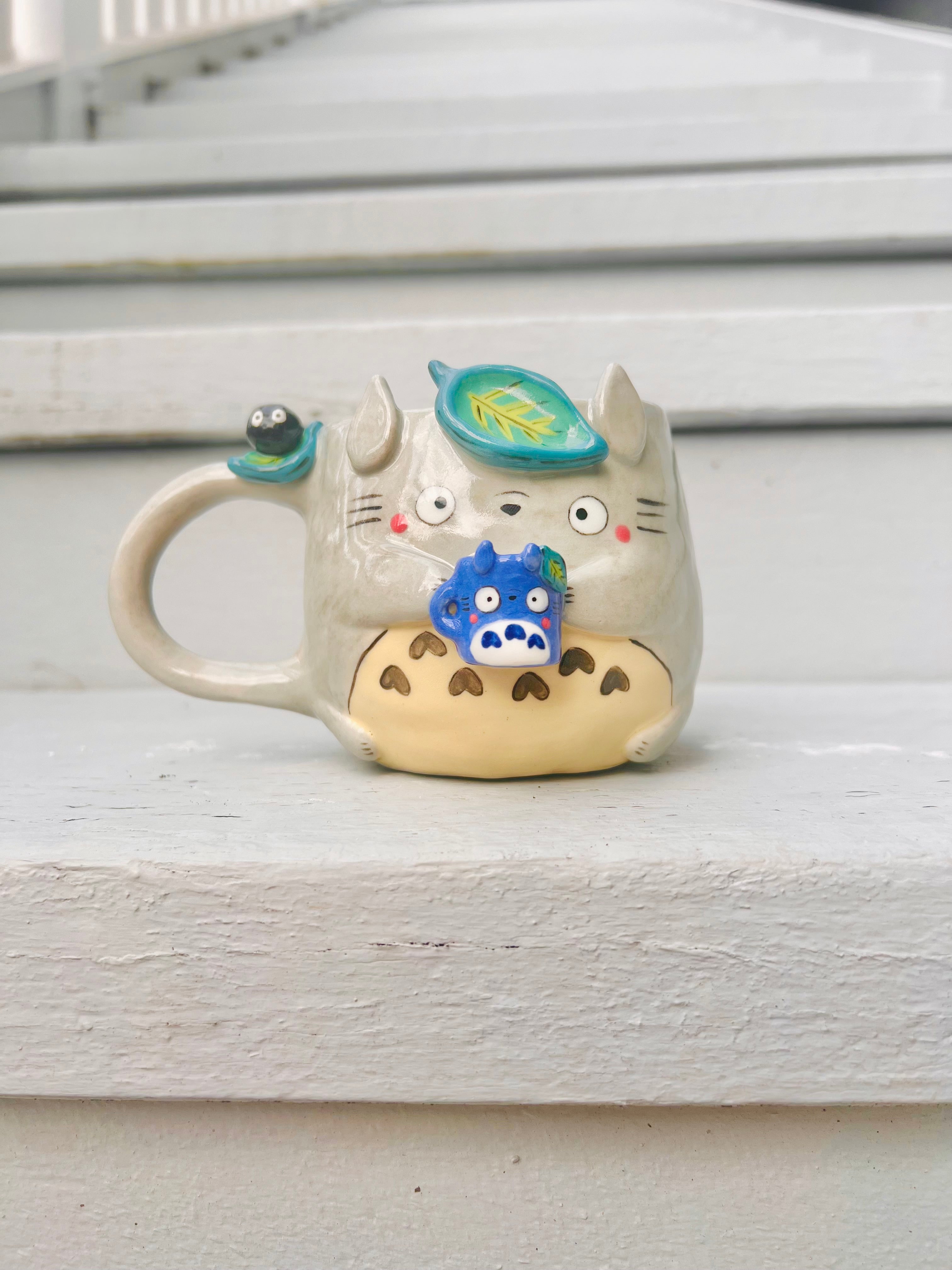 Leafy Totoro mug with Chibi Totoro and soot sprite friends