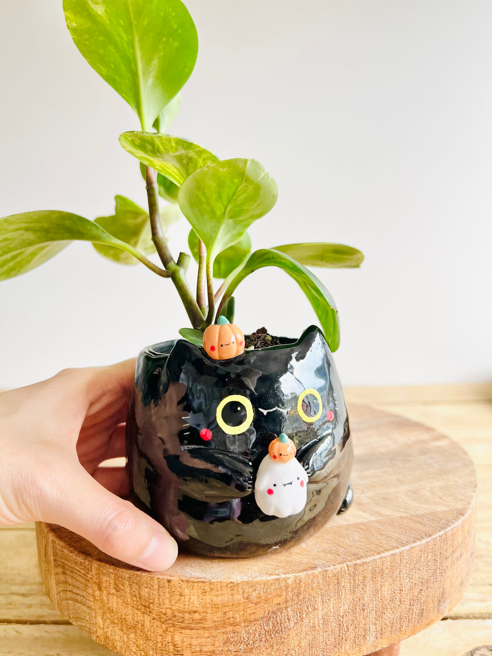 Black cat pot with ghost and pumpkin friends, photo 5 of 7