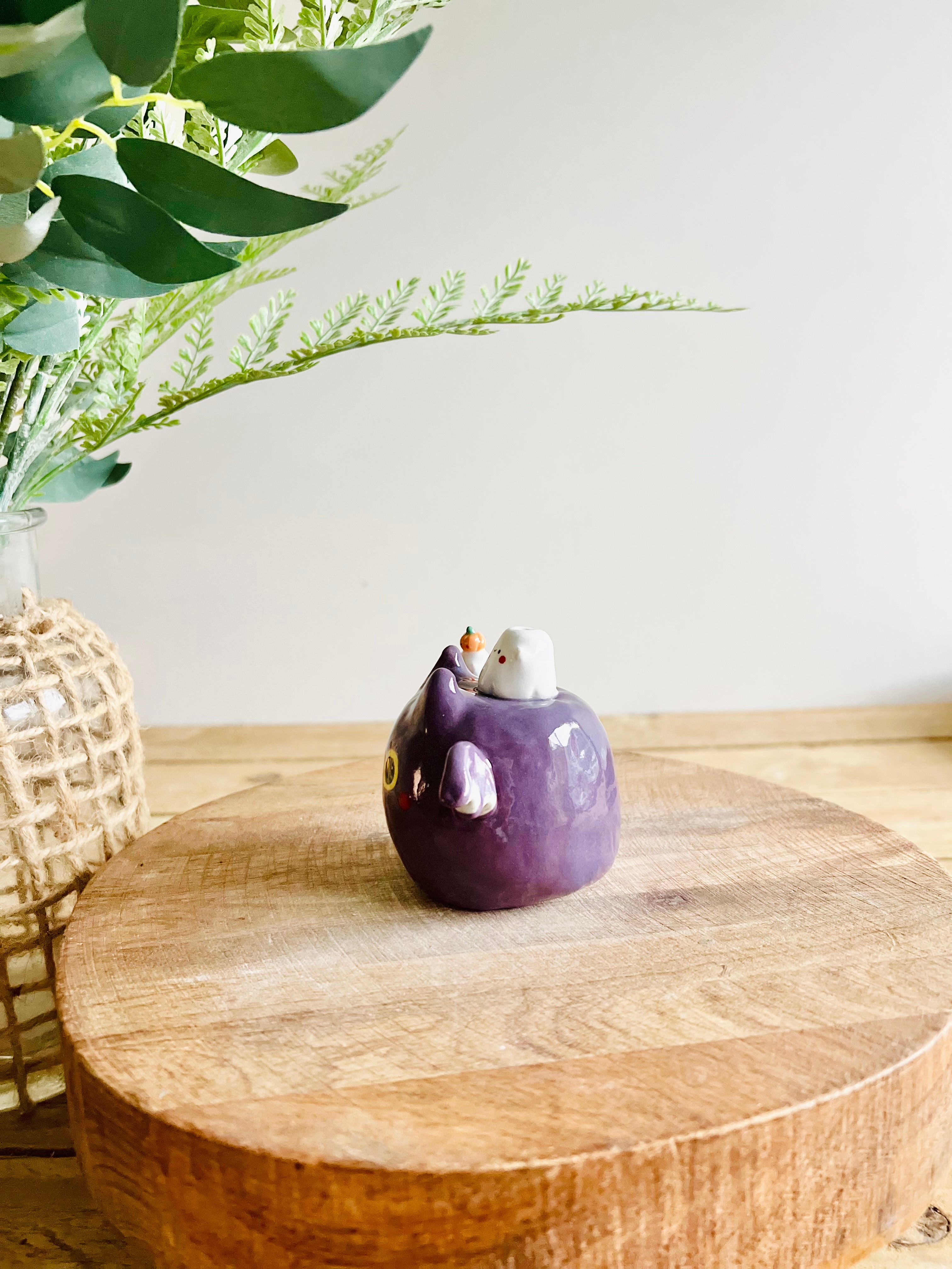 Bat with ghost and pumpkin friends bud vase