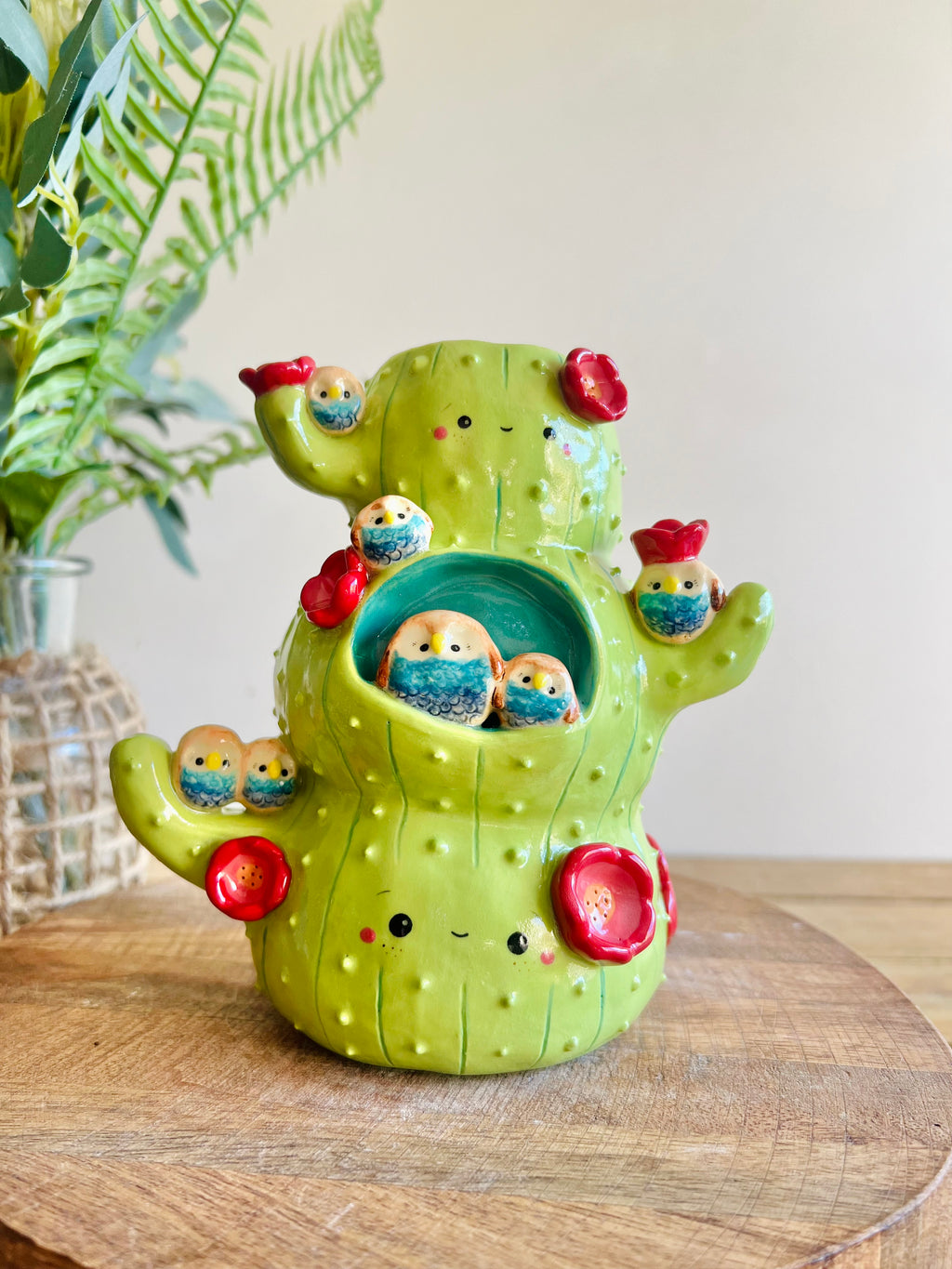 Owl family flowery cactus home trio stack vase