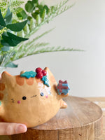 Gift bearing festive Ginger cat pot with Christmas tree friend