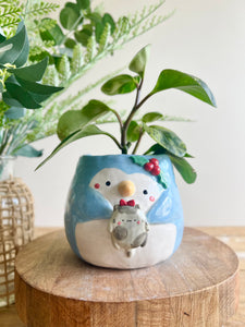 Festive penguin pot with grey cat friend