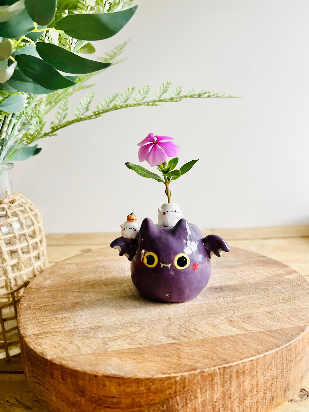 Bat with ghost and pumpkin friends bud vase