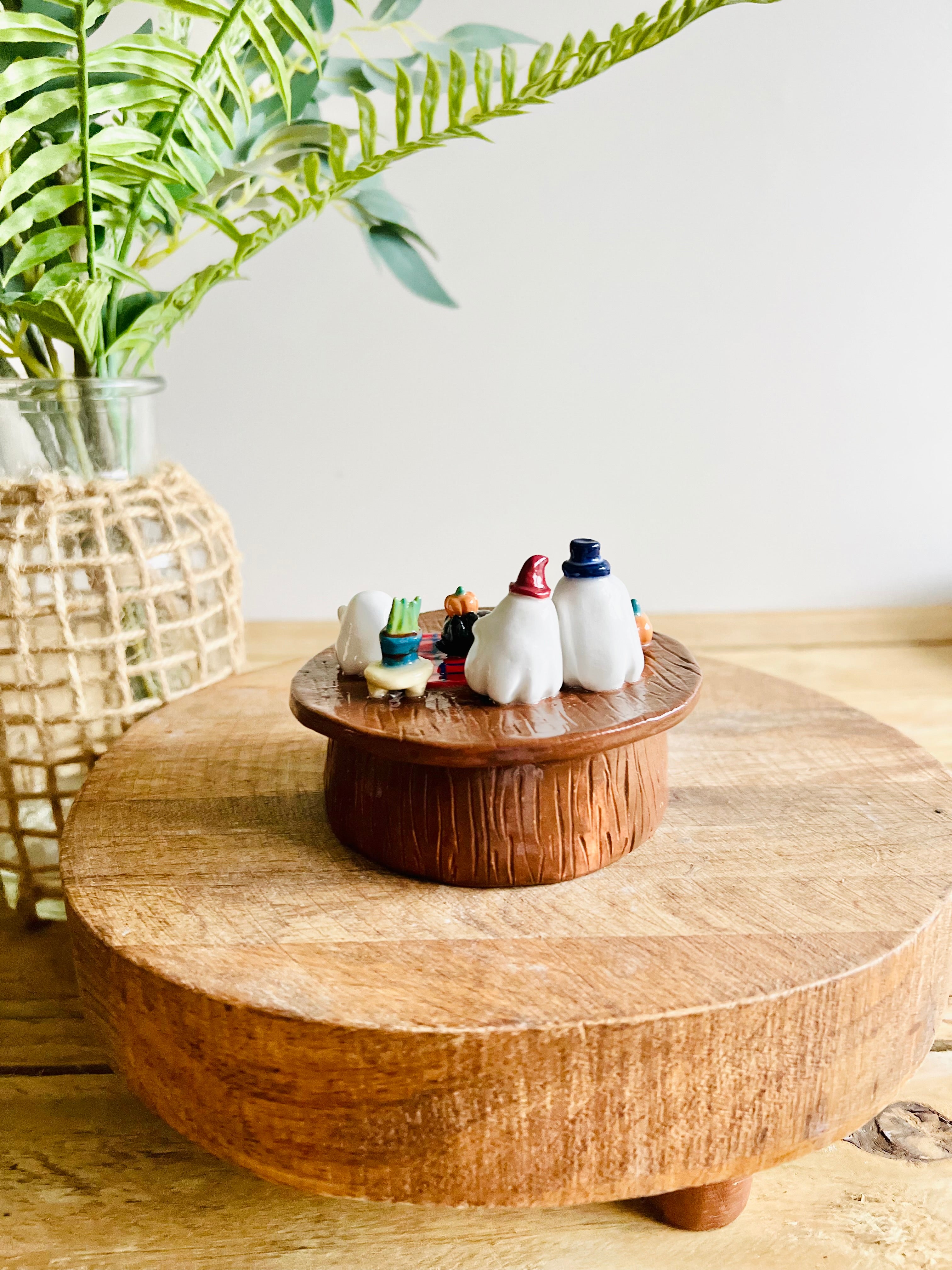 Ghost family with black cat fur baby lidded trinket dish