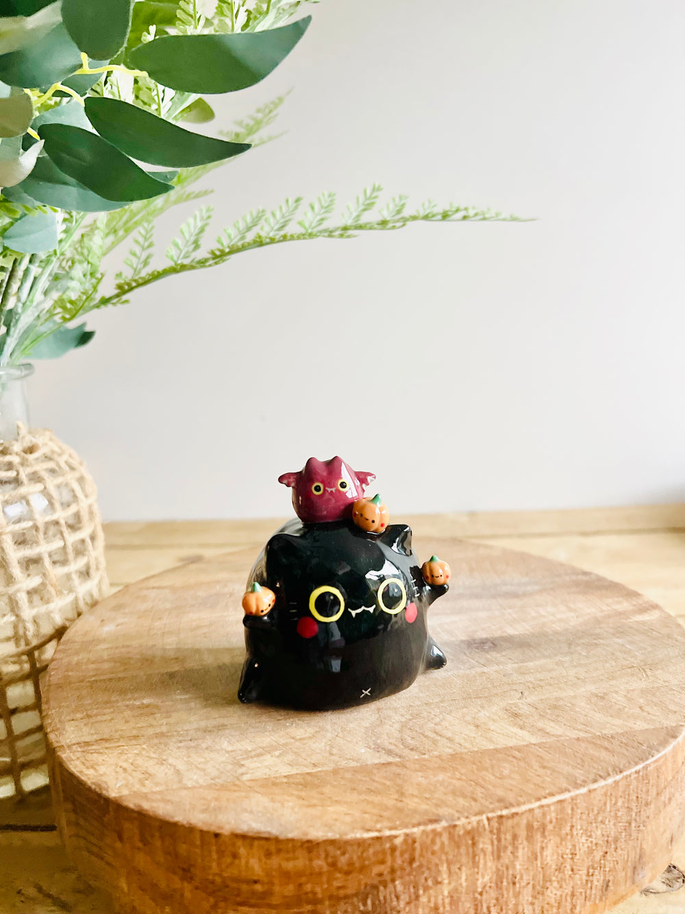 Black cat with bat and pumpkin friends bud vase, photo 8 of 10