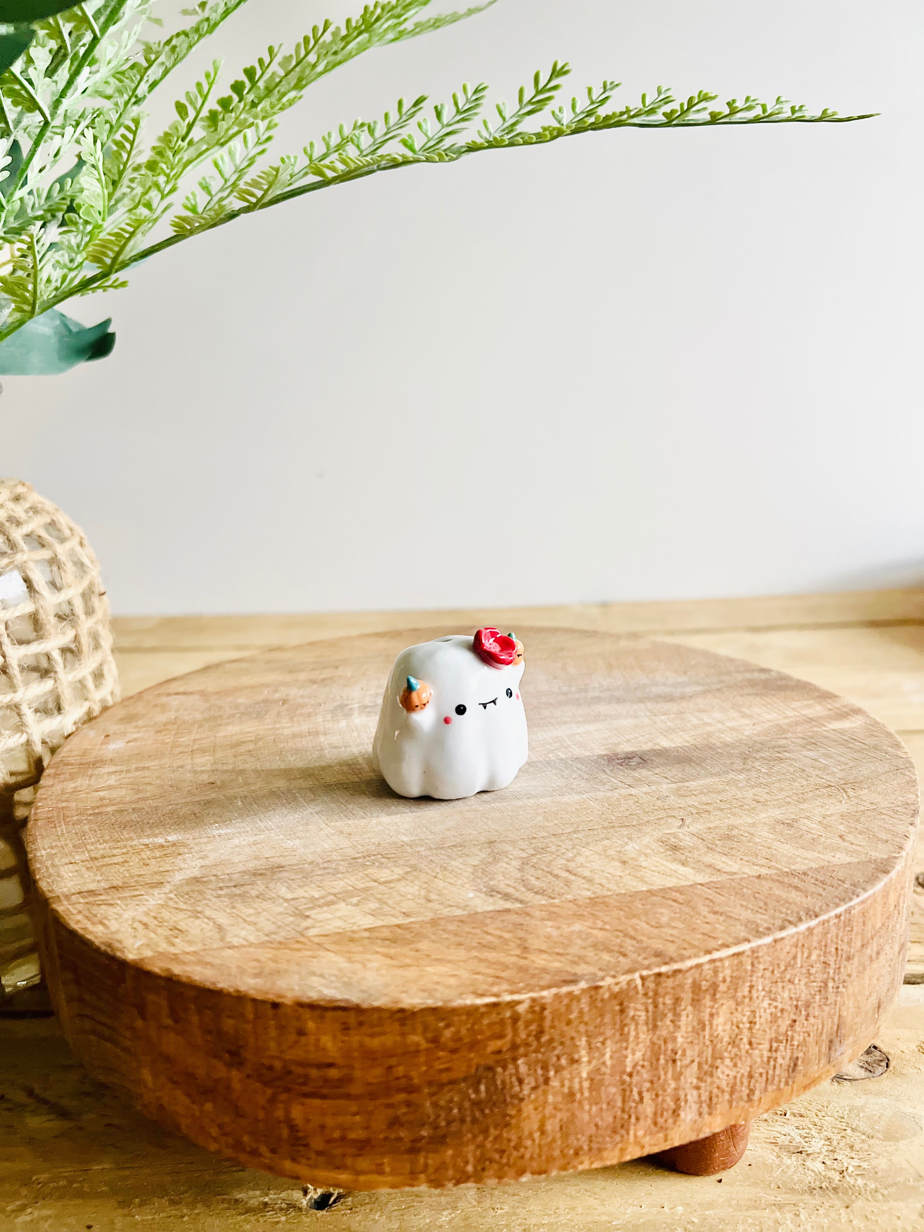 Tiny ghost with pumpkin friends bud vase