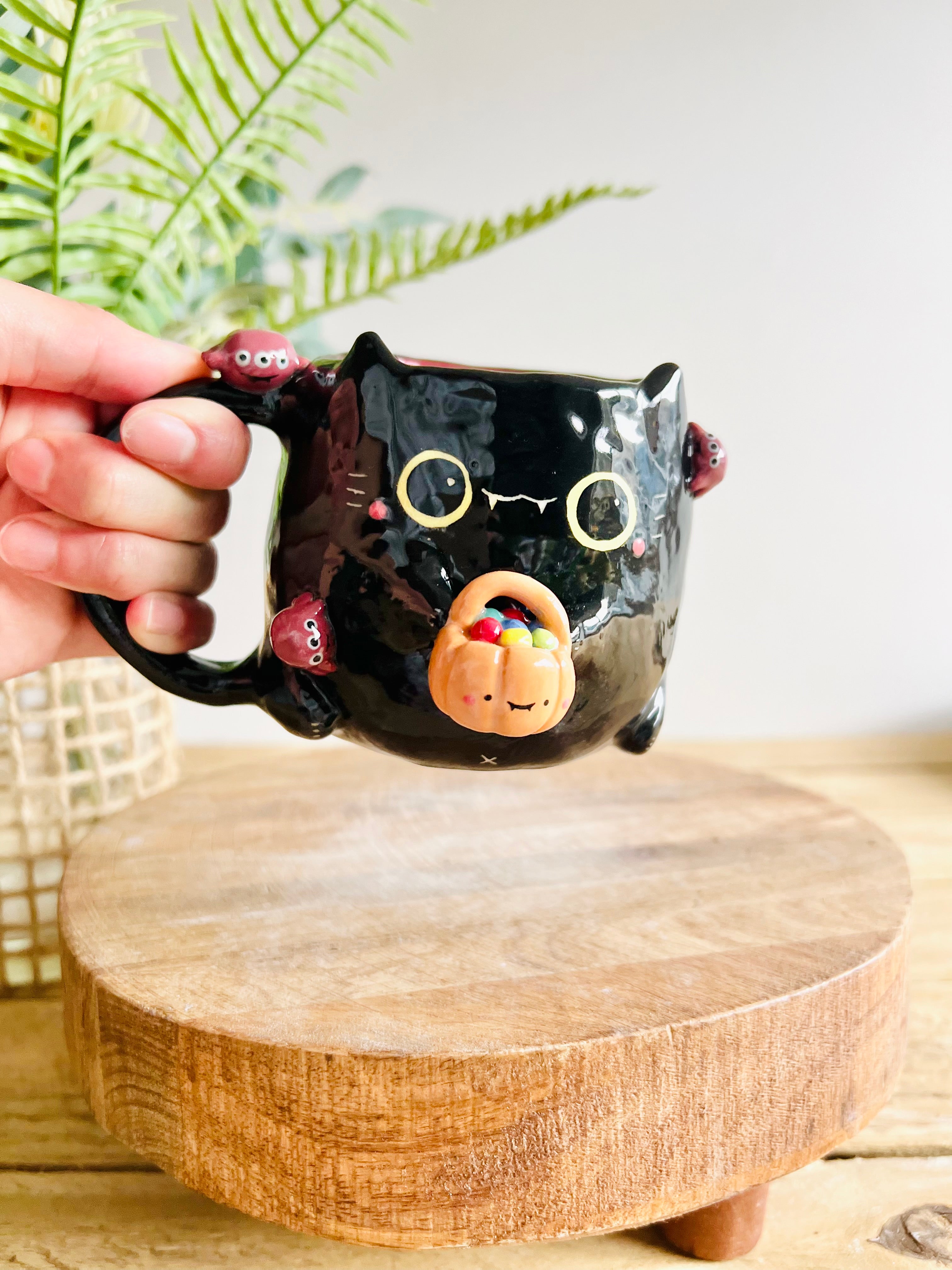 Trick or treat black kitty mug with spider friends