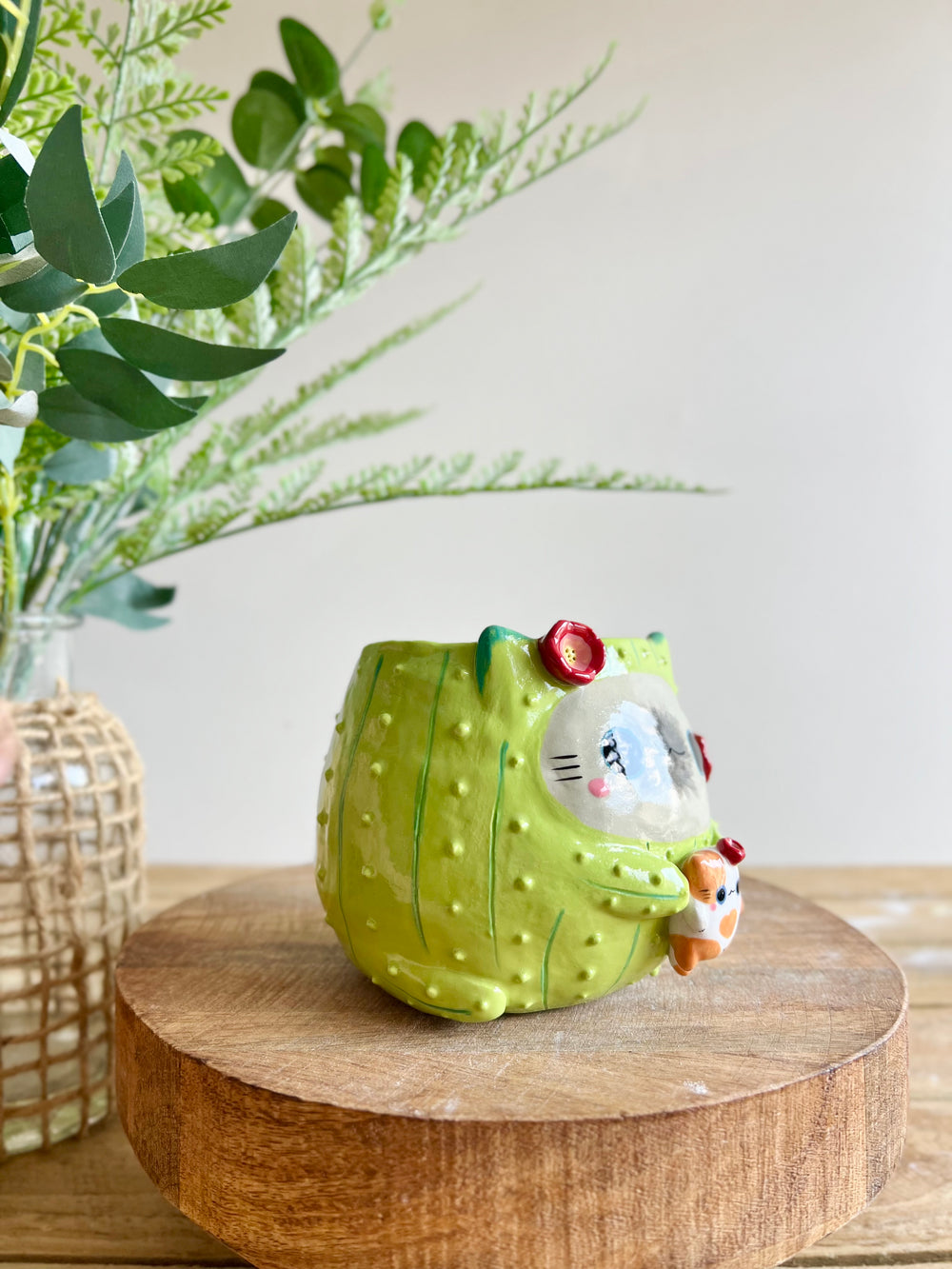 Flowery grey CAT-us pot with ginger cat friend, photo 3 of 15